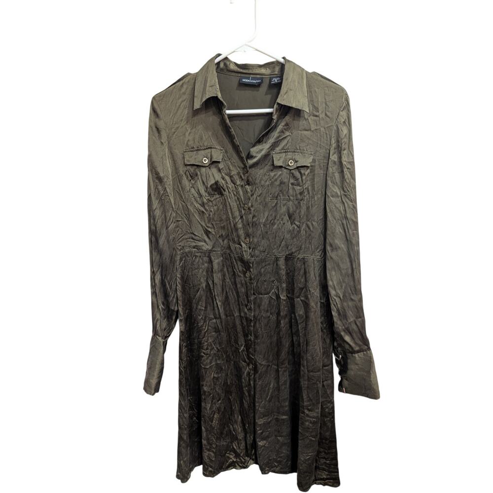 Moda International size S long sleeve collared 100% silk olive green midi dress - Picture 1 of 9
